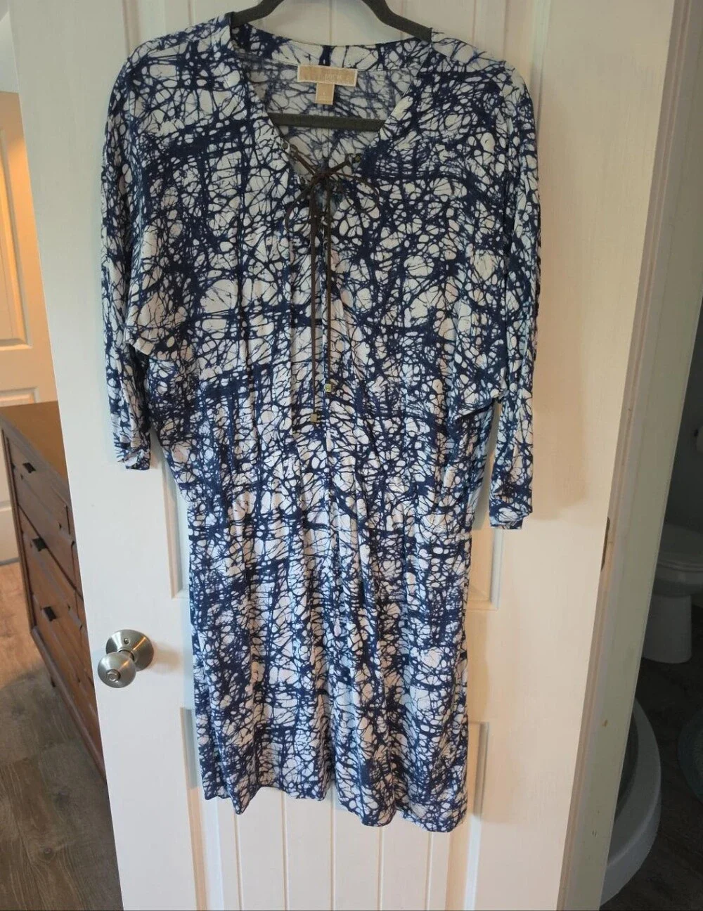 Michael Kors Navy and White Tie-Front Midi Dress